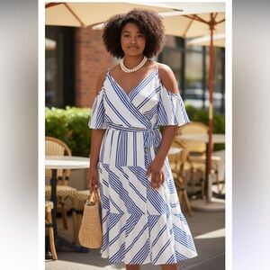 ASHLEY STEWART PEACOAT DRESS COLD SHOULDERS ELASTIC MAXI BELTED DRESS SZ 32 NWT